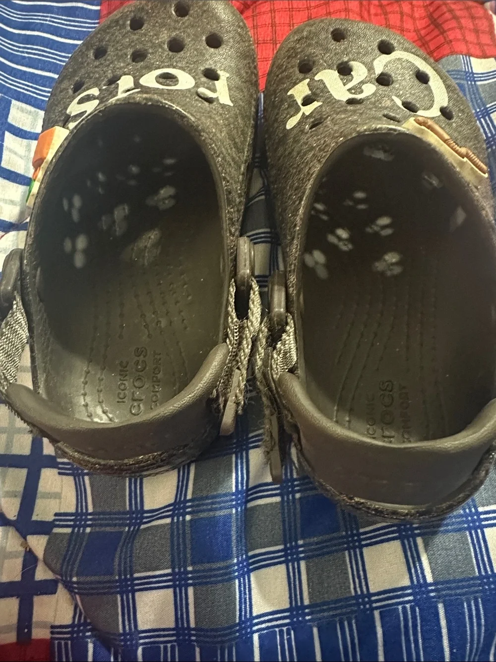 CROCS Kids Brown and Gray Felt Clogs with Playful Lettering